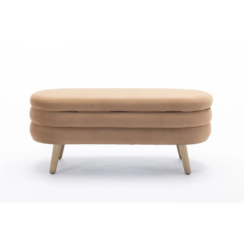 Oval Upholstered Bench, Soft Padded End of Bed Bench with Wood Legs for Bedroom Entryway