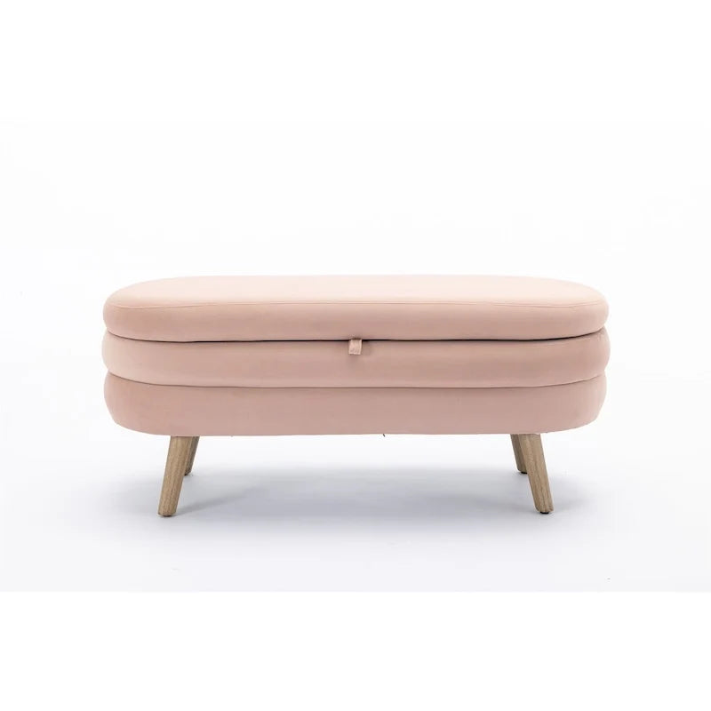Oval Upholstered Bench, Soft Padded End of Bed Bench with Wood Legs for Bedroom Entryway