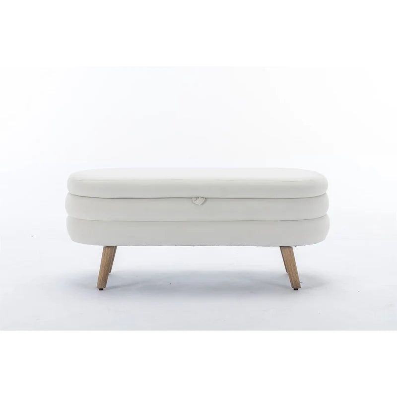 Oval Upholstered Bench, Soft Padded End of Bed Bench with Wood Legs for Bedroom Entryway
