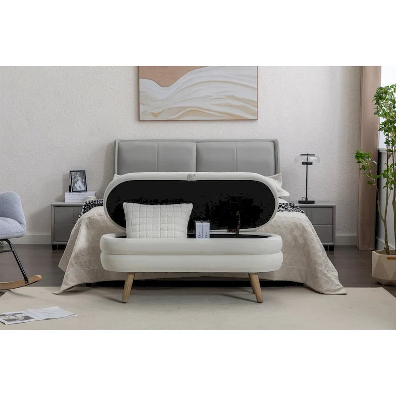 Oval Upholstered Bench, Soft Padded End of Bed Bench with Wood Legs for Bedroom Entryway