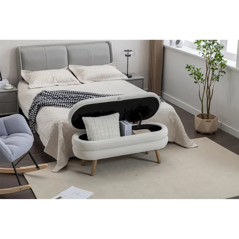 Banco ovalado tapizado, banco acolchado y suave a los pies de la cama con patas de madera para dormitorio o recibidor