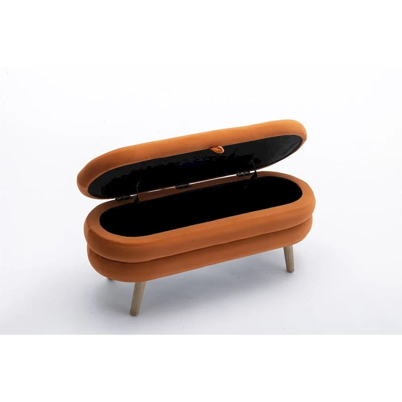 Banco ovalado tapizado, banco acolchado y suave a los pies de la cama con patas de madera para dormitorio o recibidor