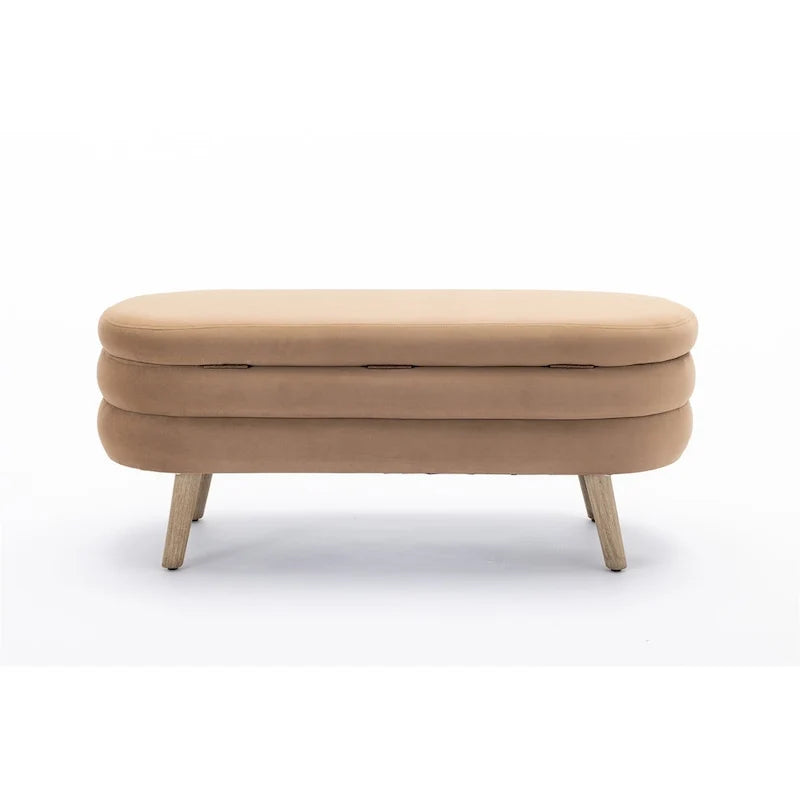 Banco ovalado tapizado, banco acolchado y suave a los pies de la cama con patas de madera para dormitorio o recibidor