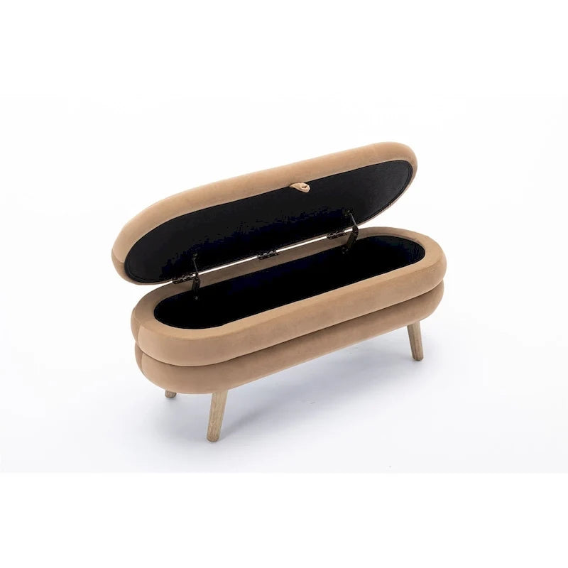 Banco ovalado tapizado, banco acolchado y suave a los pies de la cama con patas de madera para dormitorio o recibidor