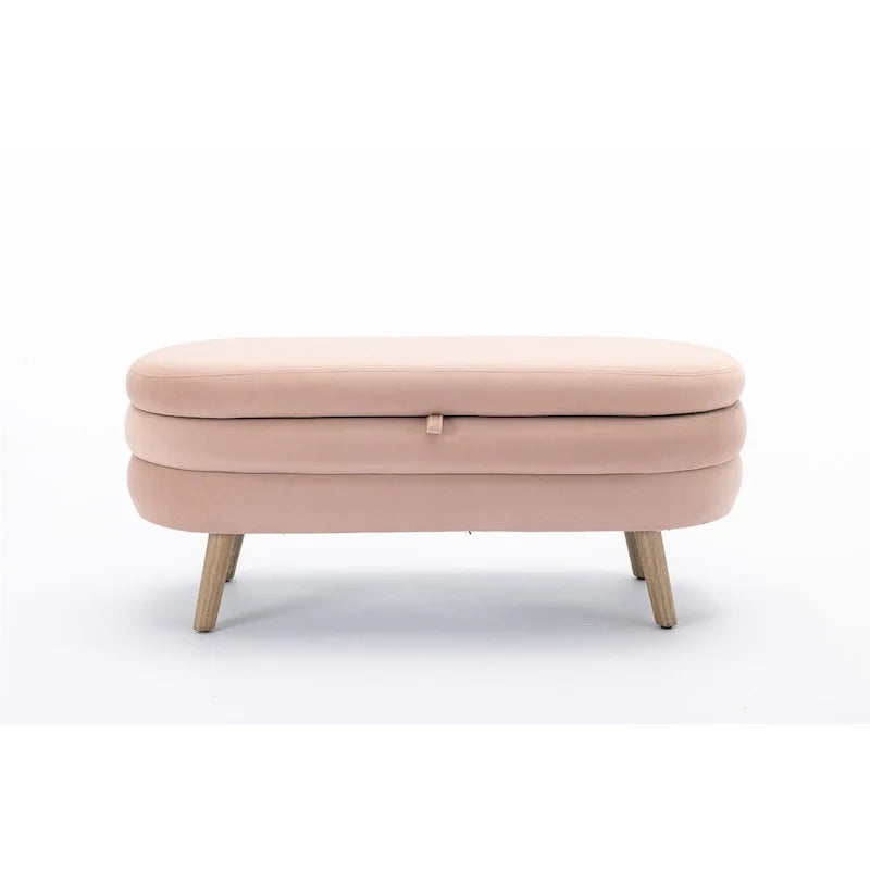 Banco ovalado tapizado, banco acolchado y suave a los pies de la cama con patas de madera para dormitorio o recibidor