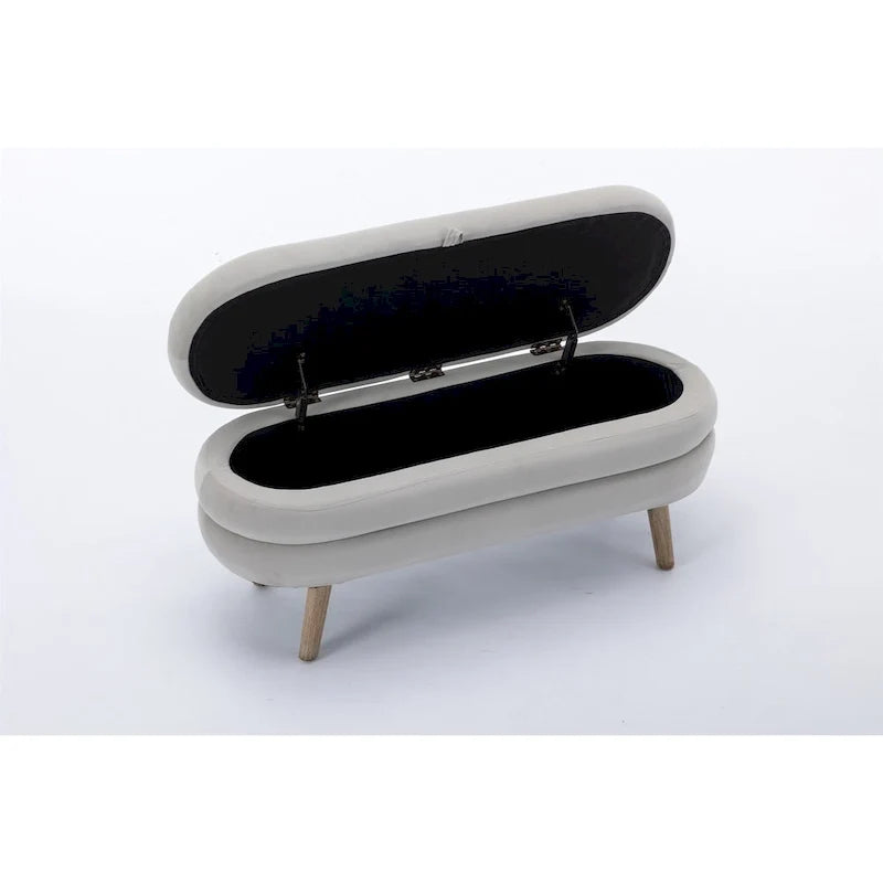 Banco ovalado tapizado, banco acolchado y suave a los pies de la cama con patas de madera para dormitorio o recibidor