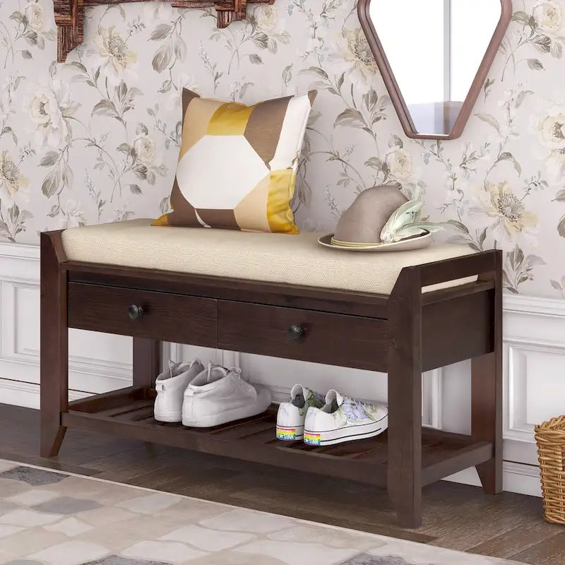 Shoe Rack with Cushioned Seat and Drawers, Multipurpose Entryway Storage Bench