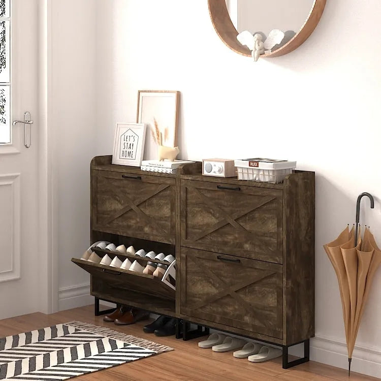 Shoe Storage Cabinet with 2 Flip Drawers, Freestanding Organizer with Metal Legs for Entryway, Narrow Shoe Rack Cabinet