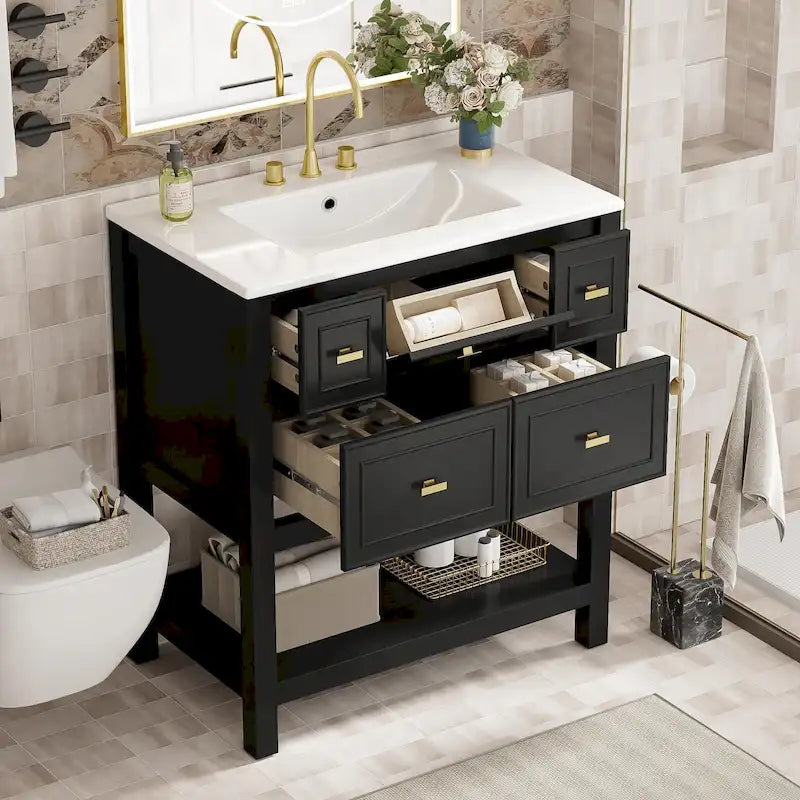 Tocador de baño de 30 con lavabo de cerámica, conjunto independiente con un lavabo y 5 cajones