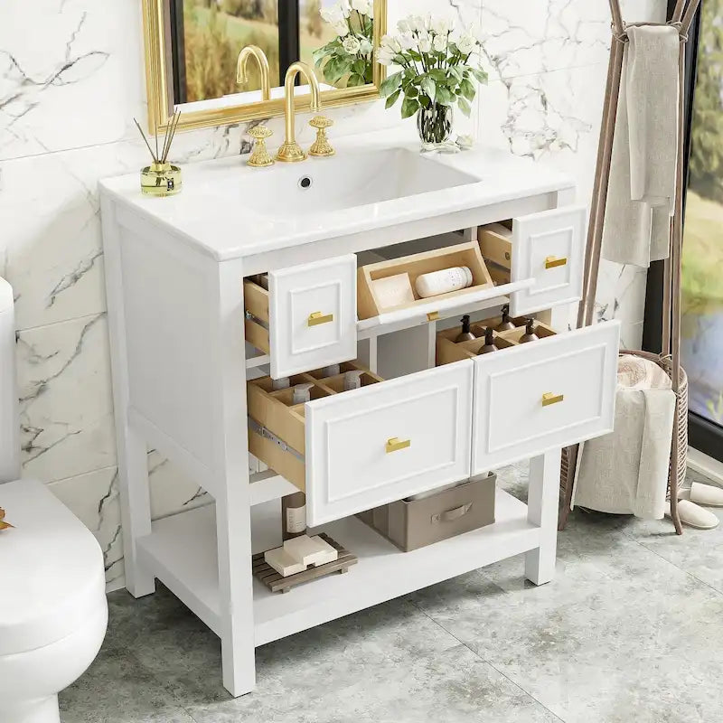 Meuble-lavabo de salle de bains 30 avec vasque en céramique, ensemble autoportant avec un lavabo et 5 tiroirs