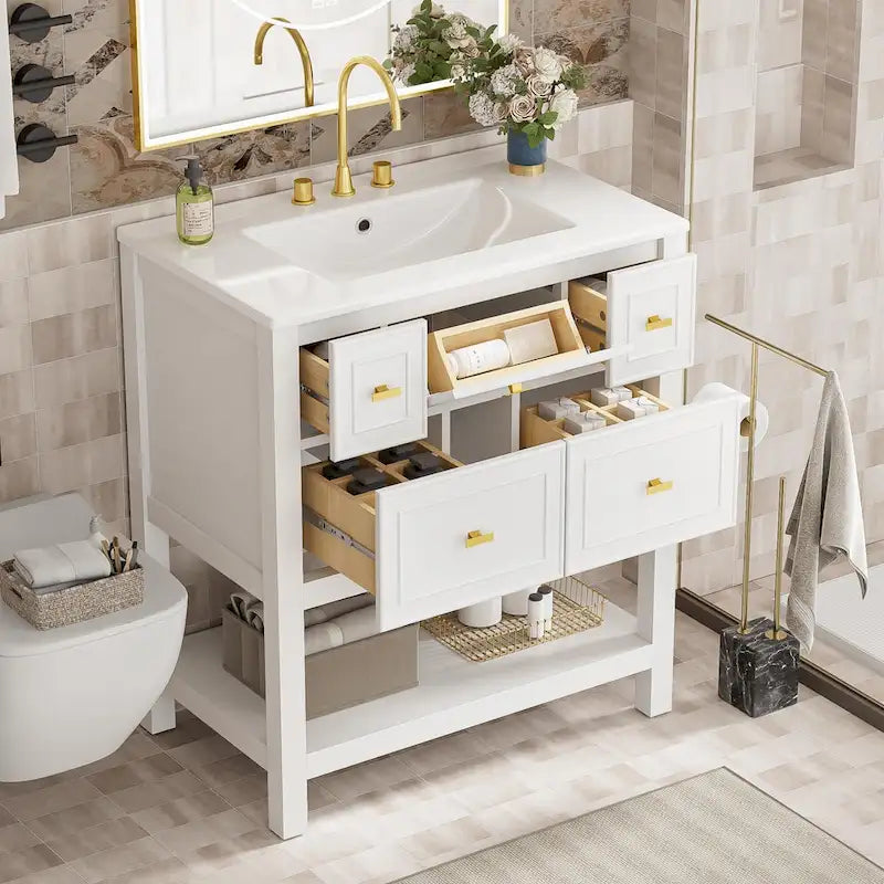 Tocador de baño de 30 con lavabo de cerámica, conjunto independiente con un lavabo y 5 cajones