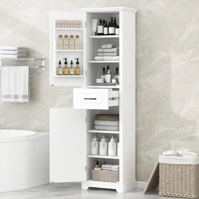 Gabinete alto de almacenamiento para baño, independiente, con dos puertas y estantes ajustables, diseño con estantes en las puertas
