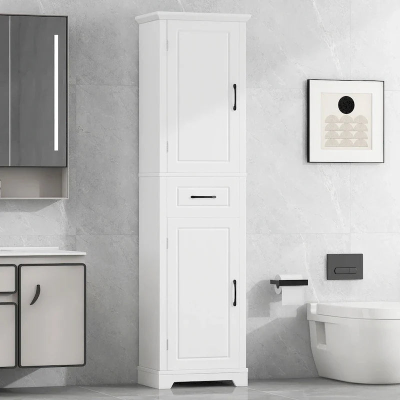 Gabinete alto de almacenamiento para baño, independiente, con dos puertas y estantes ajustables, diseño con estantes en las puertas