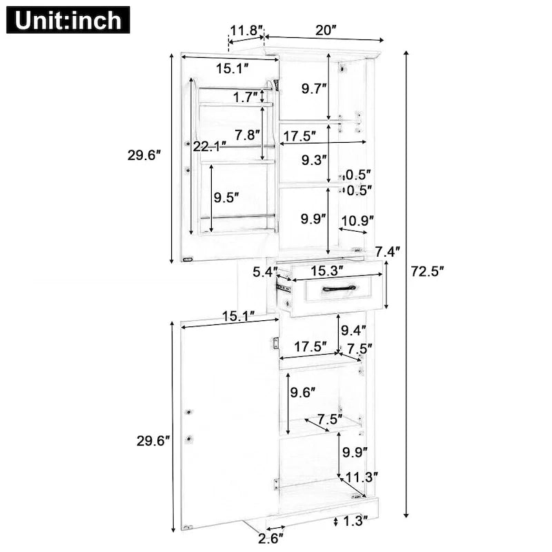 Armoire de rangement haute pour salle de bain, autoportante, avec deux portes et des étagères réglables, étagères de porte
