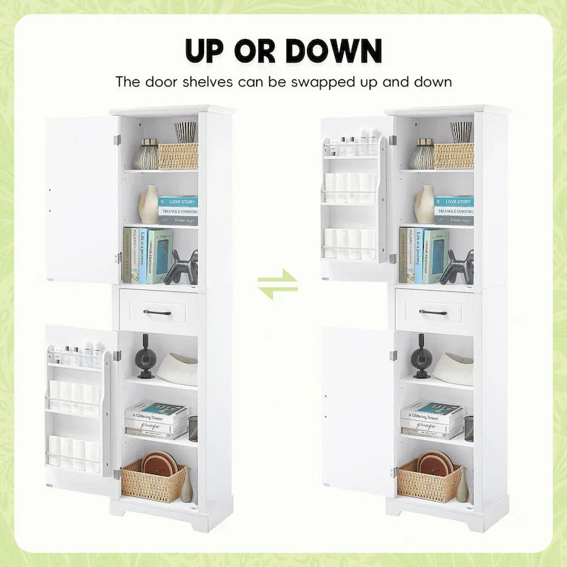 Armoire de rangement haute pour salle de bain, autoportante, avec deux portes et des étagères réglables, étagères de porte