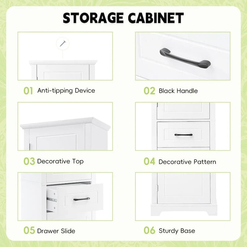 Gabinete alto de almacenamiento para baño, independiente, con dos puertas y estantes ajustables, diseño con estantes en las puertas