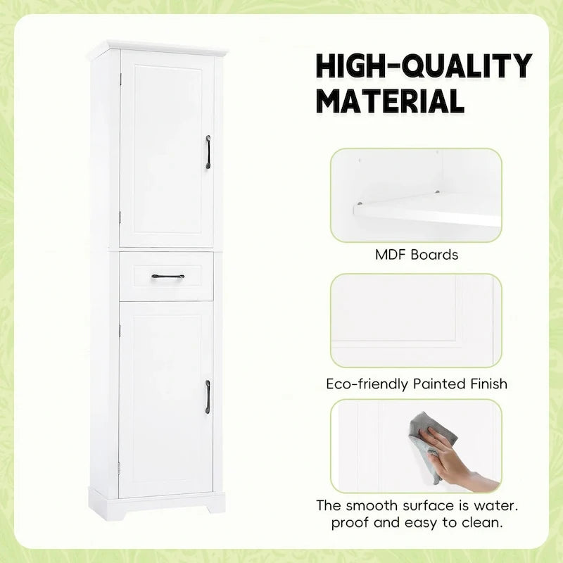 Gabinete alto de almacenamiento para baño, independiente, con dos puertas y estantes ajustables, diseño con estantes en las puertas