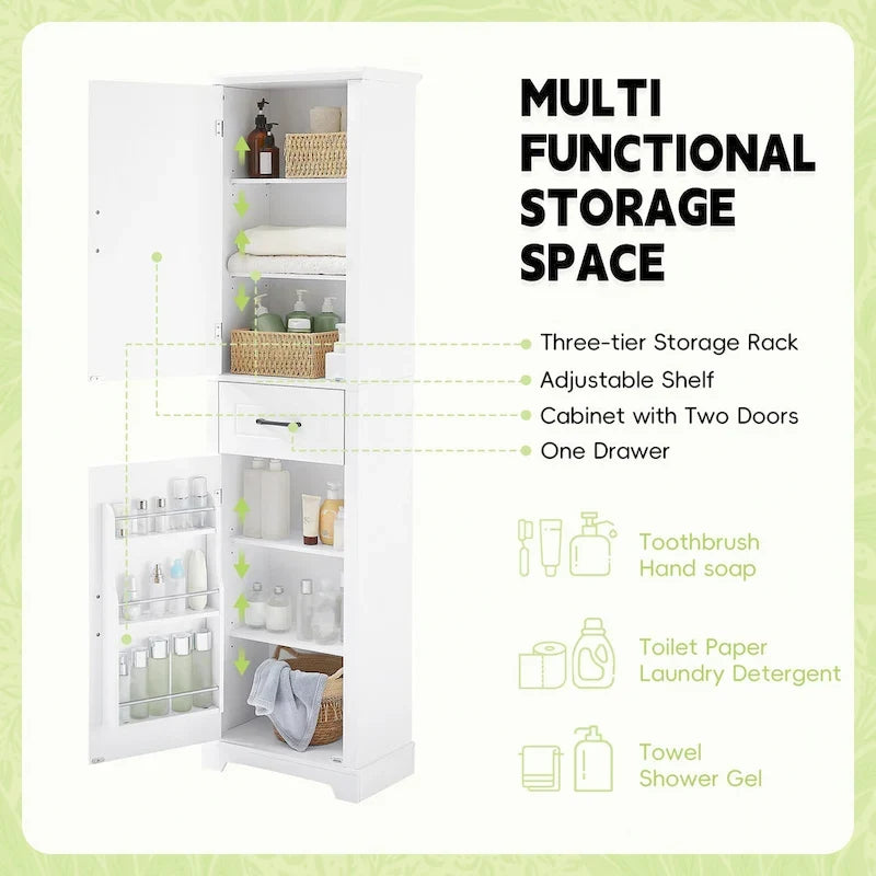 Gabinete alto de almacenamiento para baño, independiente, con dos puertas y estantes ajustables, diseño con estantes en las puertas