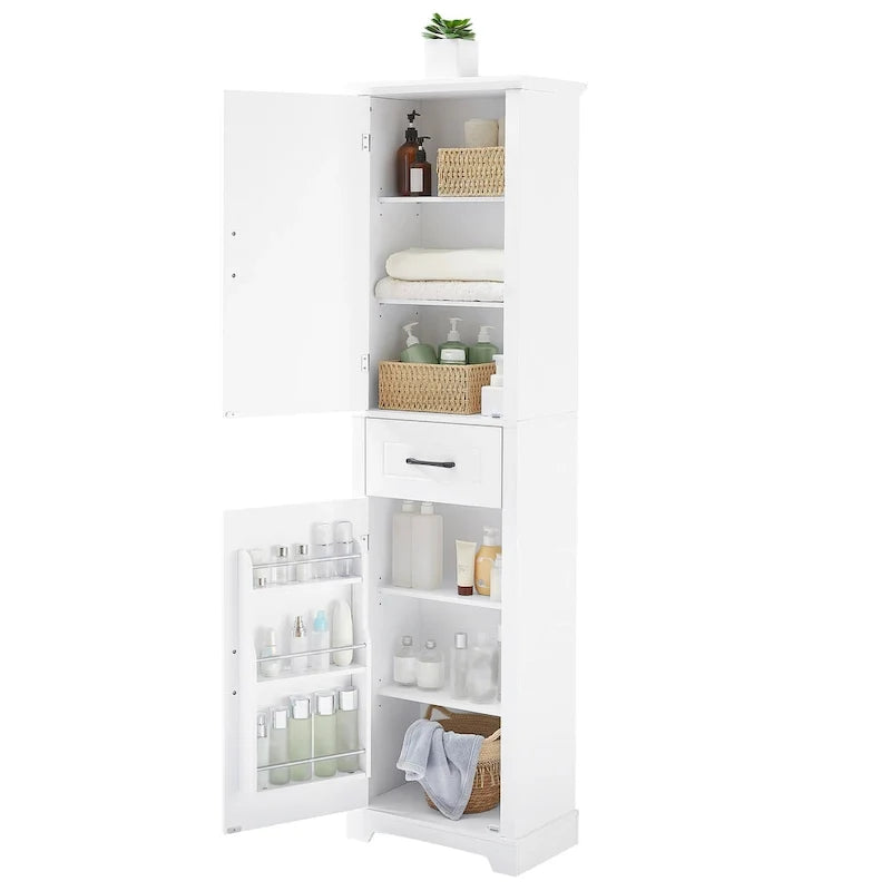 Gabinete alto de almacenamiento para baño, independiente, con dos puertas y estantes ajustables, diseño con estantes en las puertas