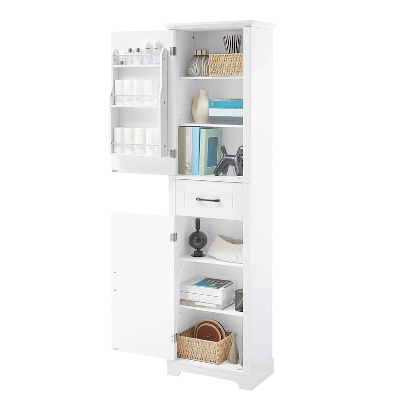Gabinete alto de almacenamiento para baño, independiente, con dos puertas y estantes ajustables, diseño con estantes en las puertas