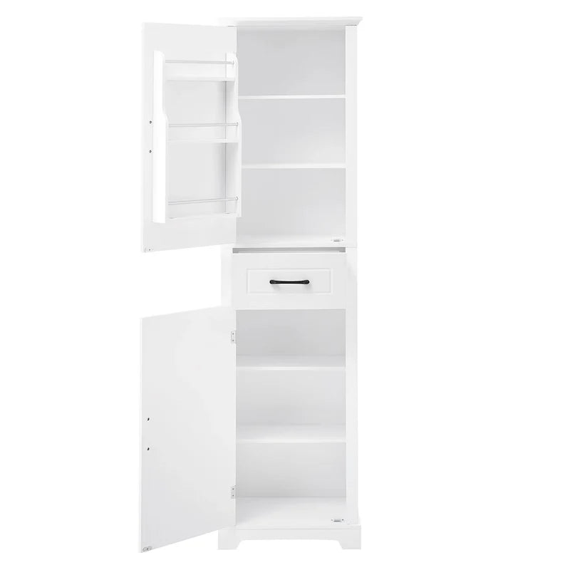 Gabinete alto de almacenamiento para baño, independiente, con dos puertas y estantes ajustables, diseño con estantes en las puertas