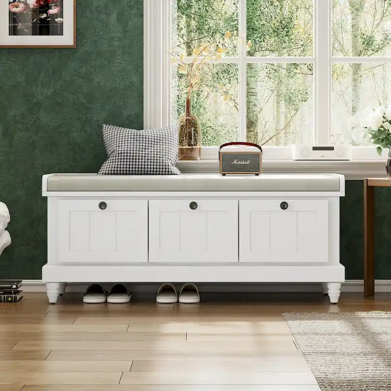 Banc à chaussures avec assise rembourrée à couvercle relevable et espace caché, banc de rangement pour chaussures d’entrée avec 3 tiroirs, banc de bout de lit pour chambre à coucher
