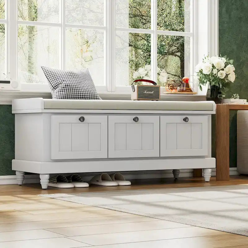 Banc à chaussures avec assise rembourrée à couvercle relevable et espace caché, banc de rangement pour chaussures d’entrée avec 3 tiroirs, banc de bout de lit pour chambre à coucher