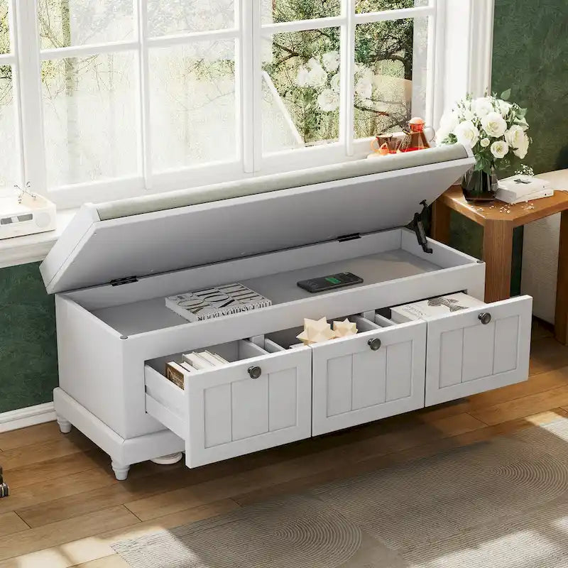 Banc à chaussures avec assise rembourrée à couvercle relevable et espace caché, banc de rangement pour chaussures d’entrée avec 3 tiroirs, banc de bout de lit pour chambre à coucher