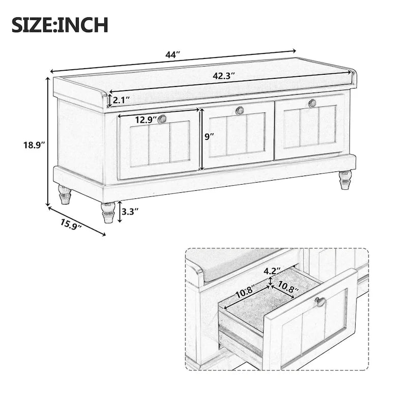 Banc à chaussures avec assise rembourrée à couvercle relevable et espace caché, banc de rangement pour chaussures d’entrée avec 3 tiroirs, banc de bout de lit pour chambre à coucher