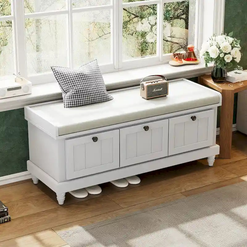 Banc à chaussures avec assise rembourrée à couvercle relevable et espace caché, banc de rangement pour chaussures d’entrée avec 3 tiroirs, banc de bout de lit pour chambre à coucher
