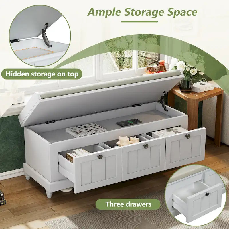Banc à chaussures avec assise rembourrée à couvercle relevable et espace caché, banc de rangement pour chaussures d’entrée avec 3 tiroirs, banc de bout de lit pour chambre à coucher