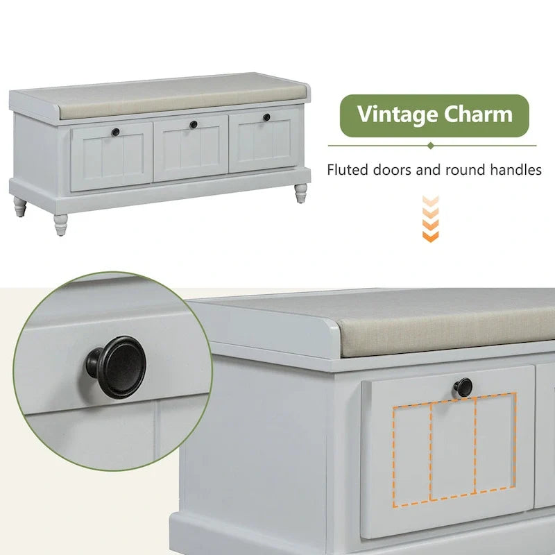 Banc à chaussures avec assise rembourrée à couvercle relevable et espace caché, banc de rangement pour chaussures d’entrée avec 3 tiroirs, banc de bout de lit pour chambre à coucher