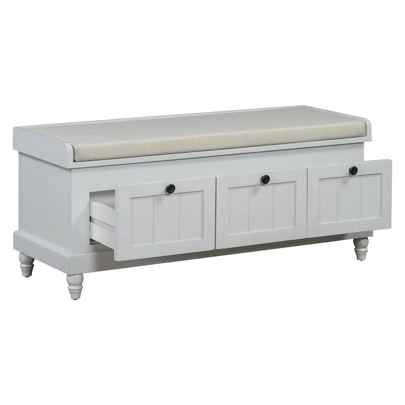 Banc à chaussures avec assise rembourrée à couvercle relevable et espace caché, banc de rangement pour chaussures d’entrée avec 3 tiroirs, banc de bout de lit pour chambre à coucher