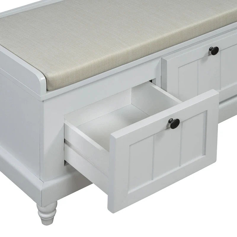 Banc à chaussures avec assise rembourrée à couvercle relevable et espace caché, banc de rangement pour chaussures d’entrée avec 3 tiroirs, banc de bout de lit pour chambre à coucher