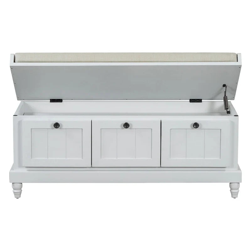 Banc à chaussures avec assise rembourrée à couvercle relevable et espace caché, banc de rangement pour chaussures d’entrée avec 3 tiroirs, banc de bout de lit pour chambre à coucher