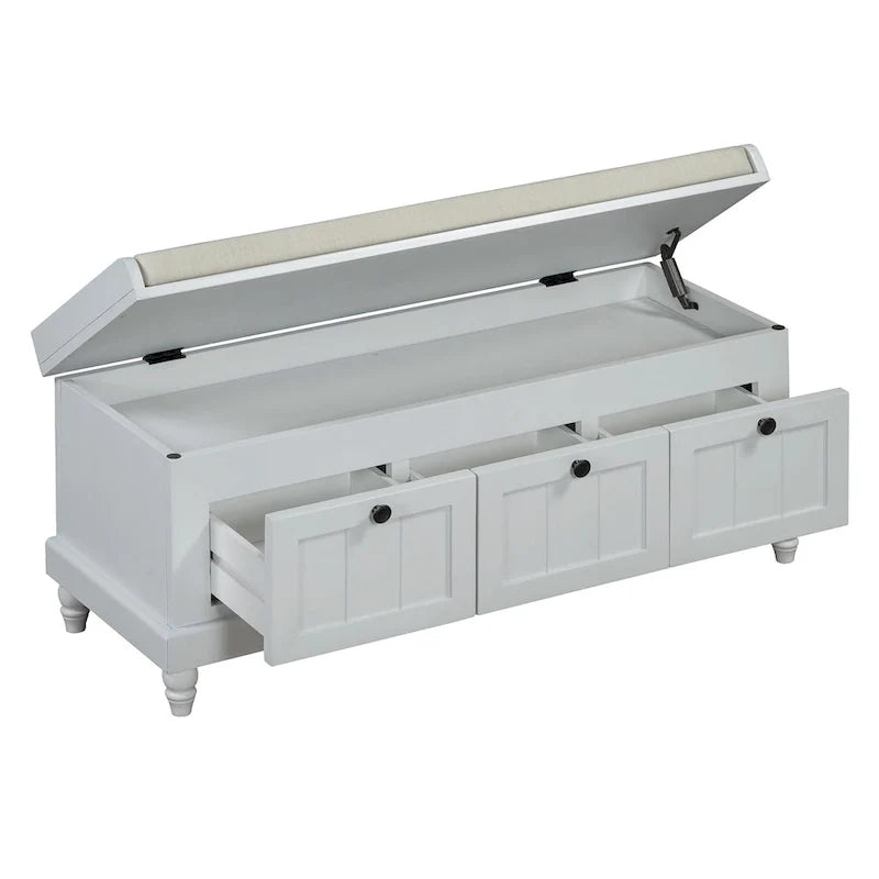 Banc à chaussures avec assise rembourrée à couvercle relevable et espace caché, banc de rangement pour chaussures d’entrée avec 3 tiroirs, banc de bout de lit pour chambre à coucher