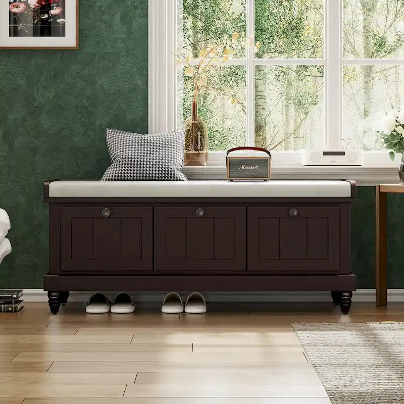 Banc à chaussures avec assise rembourrée à couvercle relevable et espace caché, banc de rangement pour chaussures d’entrée avec 3 tiroirs, banc de bout de lit pour chambre à coucher
