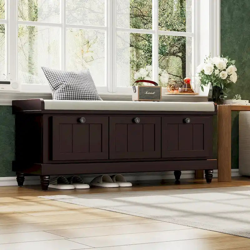 Banc à chaussures avec assise rembourrée à couvercle relevable et espace caché, banc de rangement pour chaussures d’entrée avec 3 tiroirs, banc de bout de lit pour chambre à coucher