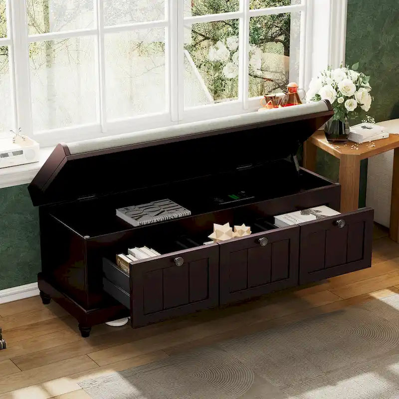 Banc à chaussures avec assise rembourrée à couvercle relevable et espace caché, banc de rangement pour chaussures d’entrée avec 3 tiroirs, banc de bout de lit pour chambre à coucher