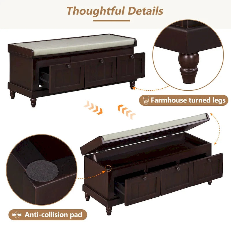 Banc à chaussures avec assise rembourrée à couvercle relevable et espace caché, banc de rangement pour chaussures d’entrée avec 3 tiroirs, banc de bout de lit pour chambre à coucher