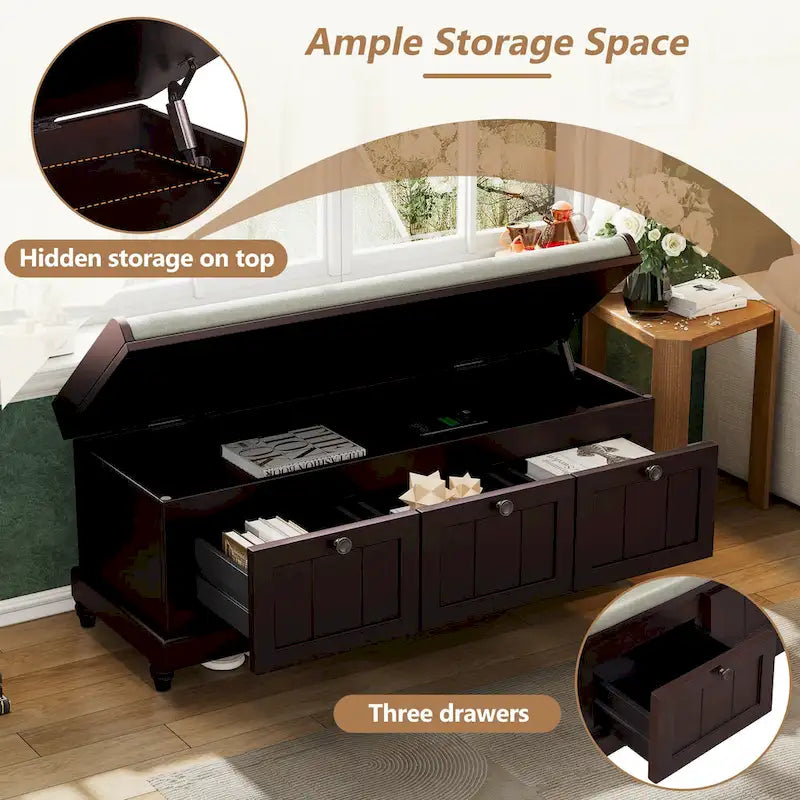 Banc à chaussures avec assise rembourrée à couvercle relevable et espace caché, banc de rangement pour chaussures d’entrée avec 3 tiroirs, banc de bout de lit pour chambre à coucher