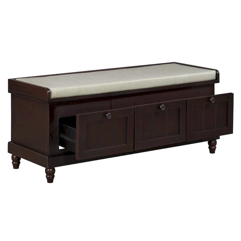 Banc à chaussures avec assise rembourrée à couvercle relevable et espace caché, banc de rangement pour chaussures d’entrée avec 3 tiroirs, banc de bout de lit pour chambre à coucher