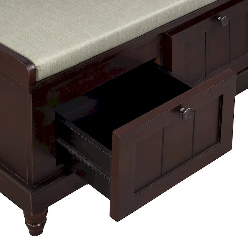 Banc à chaussures avec assise rembourrée à couvercle relevable et espace caché, banc de rangement pour chaussures d’entrée avec 3 tiroirs, banc de bout de lit pour chambre à coucher