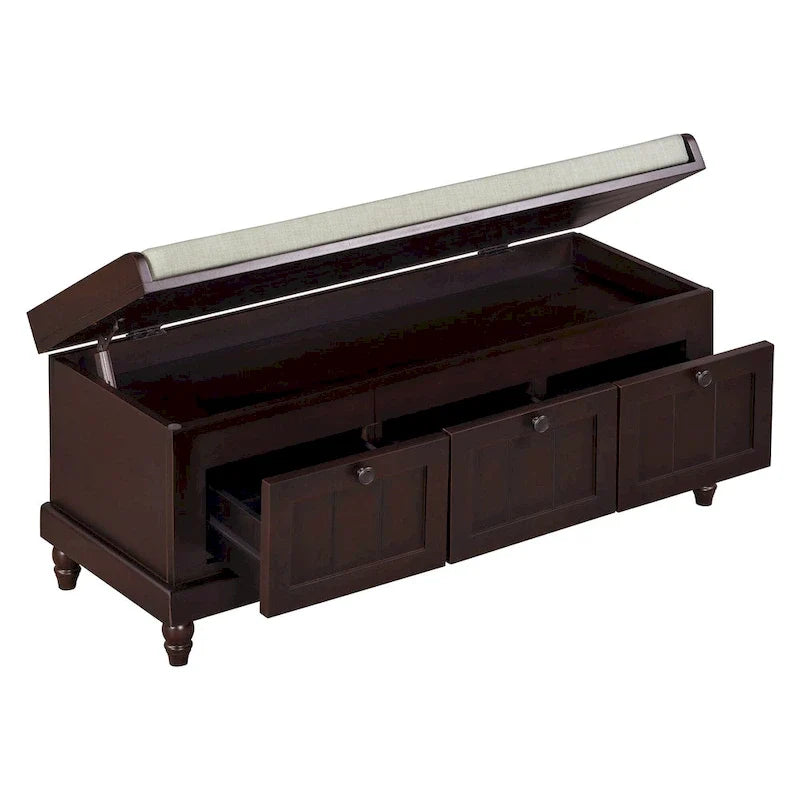 Banc à chaussures avec assise rembourrée à couvercle relevable et espace caché, banc de rangement pour chaussures d’entrée avec 3 tiroirs, banc de bout de lit pour chambre à coucher