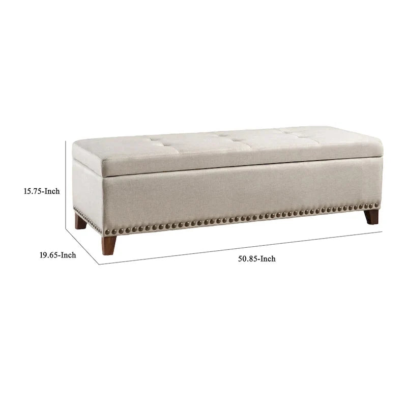 Aufbewahrungsbank mit Stauraum, 51 Inch, beiger Stoff, Ziernägel aus Messing