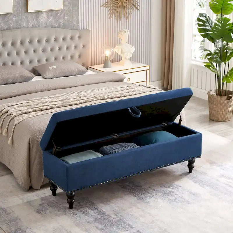Upholstered Storage Bench with Nailhead Trim, Lift Top Ottoman Bench for Bedroom End of Bed