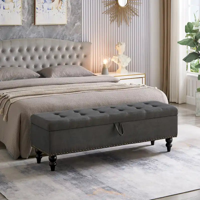 Upholstered Storage Bench with Nailhead Trim, Lift Top Ottoman Bench for Bedroom End of Bed