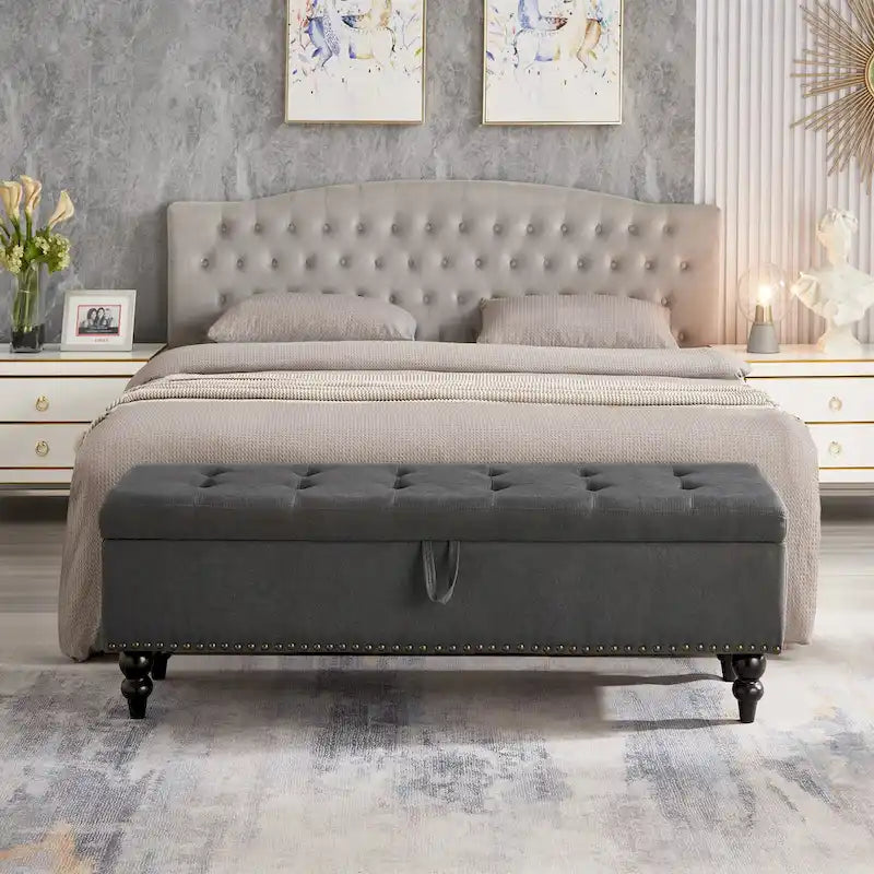 Upholstered Storage Bench with Nailhead Trim, Lift Top Ottoman Bench for Bedroom End of Bed