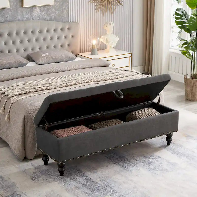 Upholstered Storage Bench with Nailhead Trim, Lift Top Ottoman Bench for Bedroom End of Bed