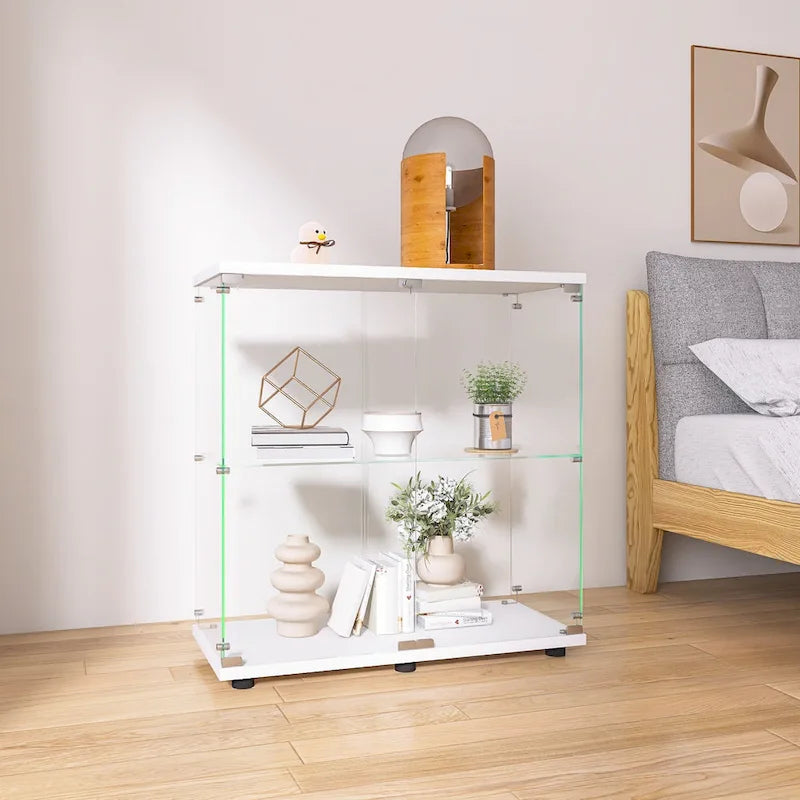 Vitrine à deux portes en verre et 2 étagères, bibliothèque vitrée sur pied pour salon, chambre ou bureau
